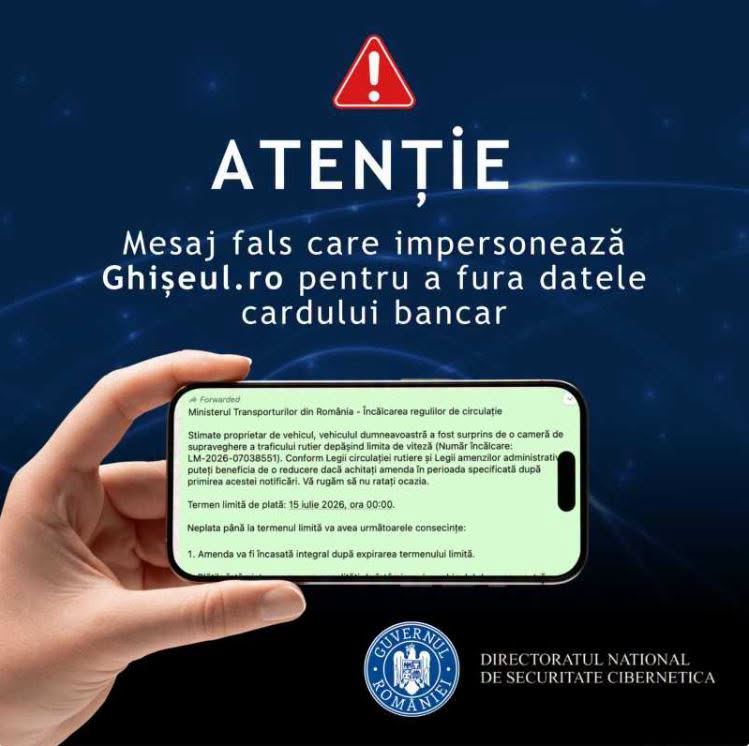 DNSC avertizează asupra unor SMS-uri false cu amenzi rutiere. Atacatorii imită Ghișeul.ro pentru a fura datele cardului